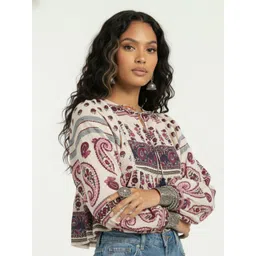fusion by glitchez Floral Print Tie-Up Neck Puff Sleeve Pure Cotton Empire Crop Top-picture-36