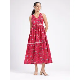 fusion by glitchez Floral Printed Embellished Detailed Halter Neck A-Line Midi Dress-picture-34