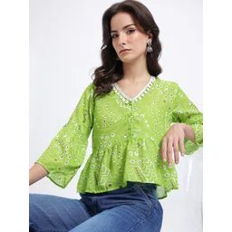 fusion by glitchez Geometric Print Bell Sleeve A-Line Top with Lace Inserts-picture-38