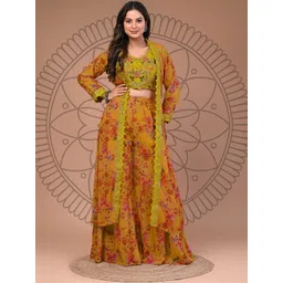 Futra Gabha Printed Round-Neck Top & Palazzos & Jacket Co-Ord Set-picture-12