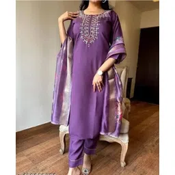 FVD Women Ethnic Motifs Embroidered Regular Chanderi Silk Kurta with Salwar & With Dupatta-picture-36