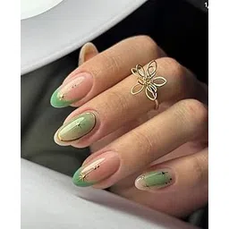 FWS Artificial Press On Nails Art Set, Reusable Stick On Nails Glossy Light Green French Golden Chrome Star Shape Stiletto (Set Of 20) With Nail Glue, Nail file, cuticle pusher, cleaning wipe-picture-10