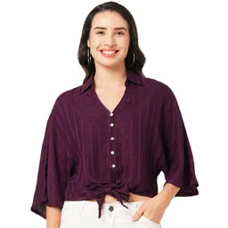 G0-4 IT Women Butterfly Sleeves Self Design Shirt Collar Georgette Blouson Crop Top-picture-13