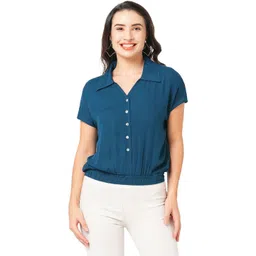 G0-4 IT Women Solid Gathered or Pleated Shirt Collar Blouson Crop Top image 1