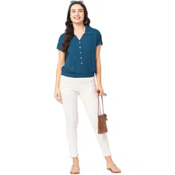 G0-4 IT Women Solid Gathered or Pleated Shirt Collar Blouson Crop Top image 3