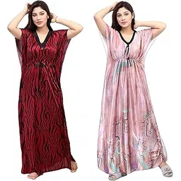 g4girl Women's Silk Geometric Print Maxi Kaftan Night Gown (Pack of 2)-picture-25