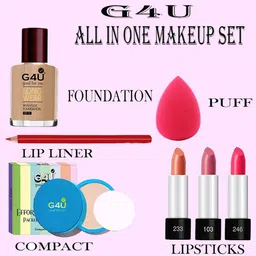 g4u All in One Makeup Kit Gift Set,High Quality Eyeshadow, Waterproof Black Eyeliner Pen,Foundation, 3 Lipsticks,Kajal,Lip Liner,Puff,Mascara, 2 nail Polish,Compact ,Perfect for Party makeup Casual makeup Wedding makeup With Makeup Box (Set Of 18Pcs) ST 54 image 3
