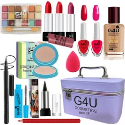 g4u All in One Makeup Kit Gift Set,High Quality Eyeshadow, Waterproof Black Eyeliner Pen,Foundation, 3 Lipsticks,Kajal,Lip Liner,Puff,Mascara, 2 nail Polish,Compact ,Perfect for Party makeup Casual makeup Wedding makeup With Makeup Box (Set Of 18Pcs) ST 54 image 1