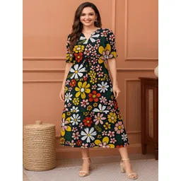GAB Floral Printed Puff Sleeve Cotton Fit & Flare Midi Dress-picture-32