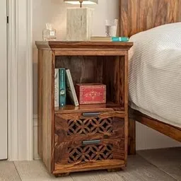 GAID Wood Solid Sheesham Wood Bedside Table for Bedroom | Handmade Pure Wooden Bed Side Nightstand End Table with 2 Drawers & 1 Open Shelf Storage for Home & Bed Room | Rosewood, Honey Brown-image-21