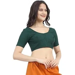 gaiyera Women 100% Cotton Saree Blouse (Bra Size Fitting) Front Open with Hook Extra Stitch Margin Inside Seam Half Sleeve Solid Colour Dark Green-picture-36