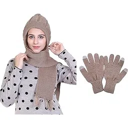 gajraj Combo Set of Soft Knitted Winter Warm Woolen Cap with Woolen Lovely Muffler|Fur Cap with Muffler and Touchscreen Finger Woolen Gloves-picture-45