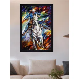 Gallery99 Blue & White Horse With Cowboy Texture Paper Framed Wall Art-picture-21