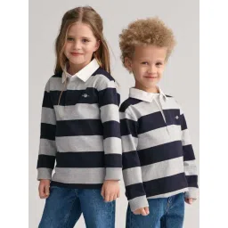 Gant Kids Navy & Grey Cotton Striped Full Sleeves Polo T-Shirt-picture-25