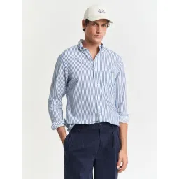 GANT Men Button-Down Collar Regular Textured Striped Cotton Blue Shirt-picture-12