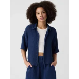 GAP Blue Cotton Solid Short Sleeves Shirt-picture-18