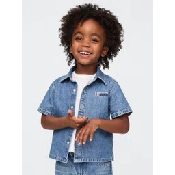 GAP Boys Denim Spread Collar Brand Logo Printed Shirt-image-7