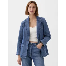 GAP Washed Effect Notched Lapel Collar Pure Cotton Single-Breasted Regular Fit Blazer-picture-41