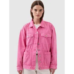 GAP Women Spread Collar Solid Pure Cotton Casual Denim Jacket-picture-16