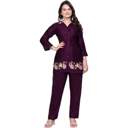 Garbista Women Wine Floral Embroidered Viscose Rayon Kurta Pant Set-picture-12