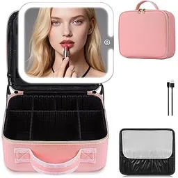Gattica Makeup Bag with LED Mirror, Cute Cosmetic Bags Birthday Gifts for Girls Women, Makeup Train Case Artists Organizer Large Make Up Bags with Light Up Mirror 3 Color Lights (Pink)-picture-38
