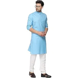 gauri laxmi enterprise WELTPOCKET ¢ Men's Cotton Knee-Long Full Sleeve Solid Straight Kurta Pyjama Set (Medium, Sky)-picture-26