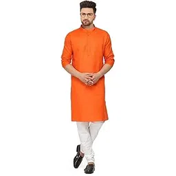 gauri laxmi enterprise WELTPOCKET ¢ Men's Cotton Knee-Long Full Sleeve Solid Straight Kurta Pyjama Set (X-Small, Orange)-picture-21