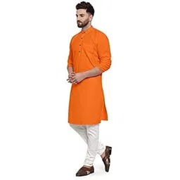 gauri laxmi enterprise WELTPOCKET ¢ Men's Cotton Knee-Long Full Sleeve Solid Straight Regular Fit Kurta Pyjama Set (Large, Orange)-picture-25