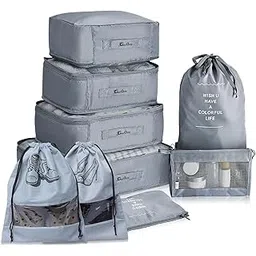 GaxQuly Fabric 9Pcs Set Travel Organizer Luggage Packing Organizers For Makeup/Shoe/Clothes/Underwear/Socks/Laundry/Toiletry Bag For Space Savers For Travel (Grey)-picture-25