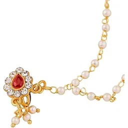 gc premium jewellery Traditional Red Kundan Nosepin with CZ Stones and White Bead Chains-picture-19