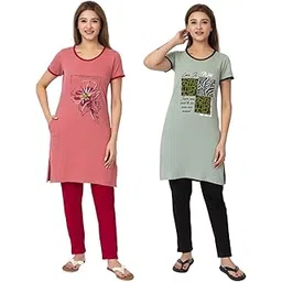 gee 5 Summer Wear Casual Combo of Nightwear Round Neck Cotton Blend Comfortable and Breathable Sleepwear |Top and Bottom Set| Nightsuit for Women's (Pack of 2)-picture-25