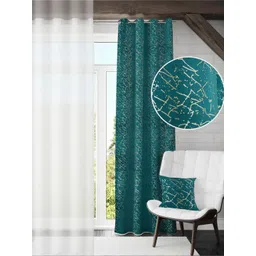 GEET CREATIONS Blue & Gold-Toned Floral Printed Room Darkening Velvet Window Curtain-picture-12