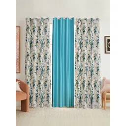 GEET CREATIONS Blue & White Set of 3 Floral Room Darkening Door Curtain-picture-30