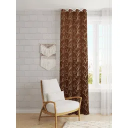 GEET CREATIONS Coffee Brown & Gold Single Floral Room Darkening Window Eyelet Curtain-picture-11