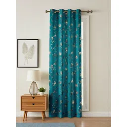GEET CREATIONS Teal & Gold Single Floral Room Darkening Window Eyelet Curtain-picture-28