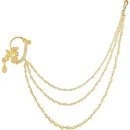 gemron jewel AMERICAN Diamond Special Chained Gold-plated Pearls Nose Ring with Triple Chain for WomenTraditional Style Beads Bridal Non Piercing Clip On Nose Ring, Nathani-picture-33