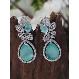 Gemron Jewel Rhodium-Plated American Diamond Studded Teardrop Shaped Drop Earrings-picture-25