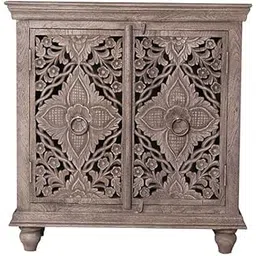 Generic Handcrafted Wooden Storage Cabinet, Natural Mango, Carved Mandala Design, Double Door Sideboard with Geometric Panel, Modern Style-picture-28