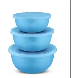 genkraft Stainless Steel, Plastic Storage Bowl Flora Stainless Steel Microwave Safe 3 Pcs. Bowl Set with Lid-Blue-picture-21
