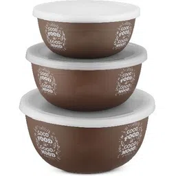 genkraft Stainless Steel, Plastic Storage Bowl Flora Stainless Steel Microwave Safe 3 Pcs. Bowl Set with Lid-Brown-picture-14