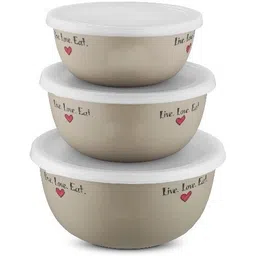 genkraft Stainless Steel, Plastic Storage Bowl Flora Stainless Steel Microwave Safe 3 Pcs. Bowl Set with Lid-Cream-picture-17