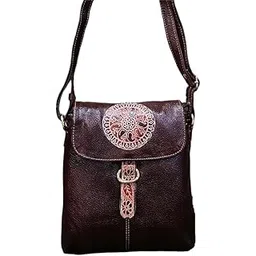 Genuine Leather Shantiniketan Handcraft Sling Bag for Women, Brown coloured, 25 x 22 x 6 cm, Loop Flap, Floral Medallion Design-picture-15