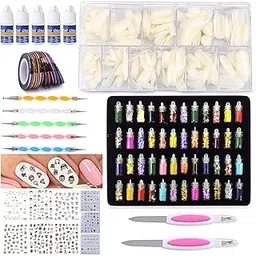 Genzy 500 Pcs Acrylic False Nails Tips Kit with Glue | 48 Colors Glitter Nail Art Decoration Set | Dotting Tools, Nail File, French Manicure Tape, Nail Stickers | Complete DIY Nail Art Kit for Salon & Home Use (Natural)-picture-18