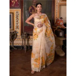Geroo Jaipur Beige Hand Painted Pure Organza Saree-picture-17