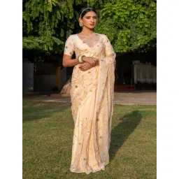Geroo Jaipur Beige Handcrafted Gota Jaal Chiffon Saree-picture-39