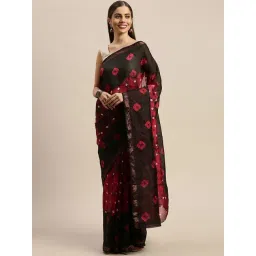 Geroo Jaipur Black & Red Hand Dyed Bandhani Silk Saree-picture-27