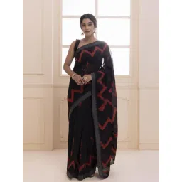 Geroo Jaipur Black & Red Pure Chanderi Hand Block Printed Temple Border Saree-picture-17