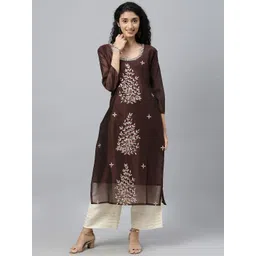Geroo Jaipur Brown Hand Embroidered Gota Patti Chanderi Kurta with Palazzo-picture-26