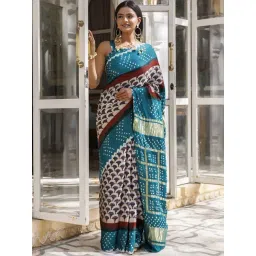 Geroo Jaipur Green Ajrakh Handblock Bandhani Silk Saree With Zari Gharchola Pallu-picture-40