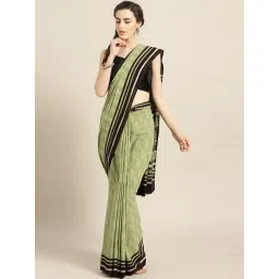 Geroo Jaipur Green & Black Bagru Hand Block Printed Pure Cotton Saree-picture-43